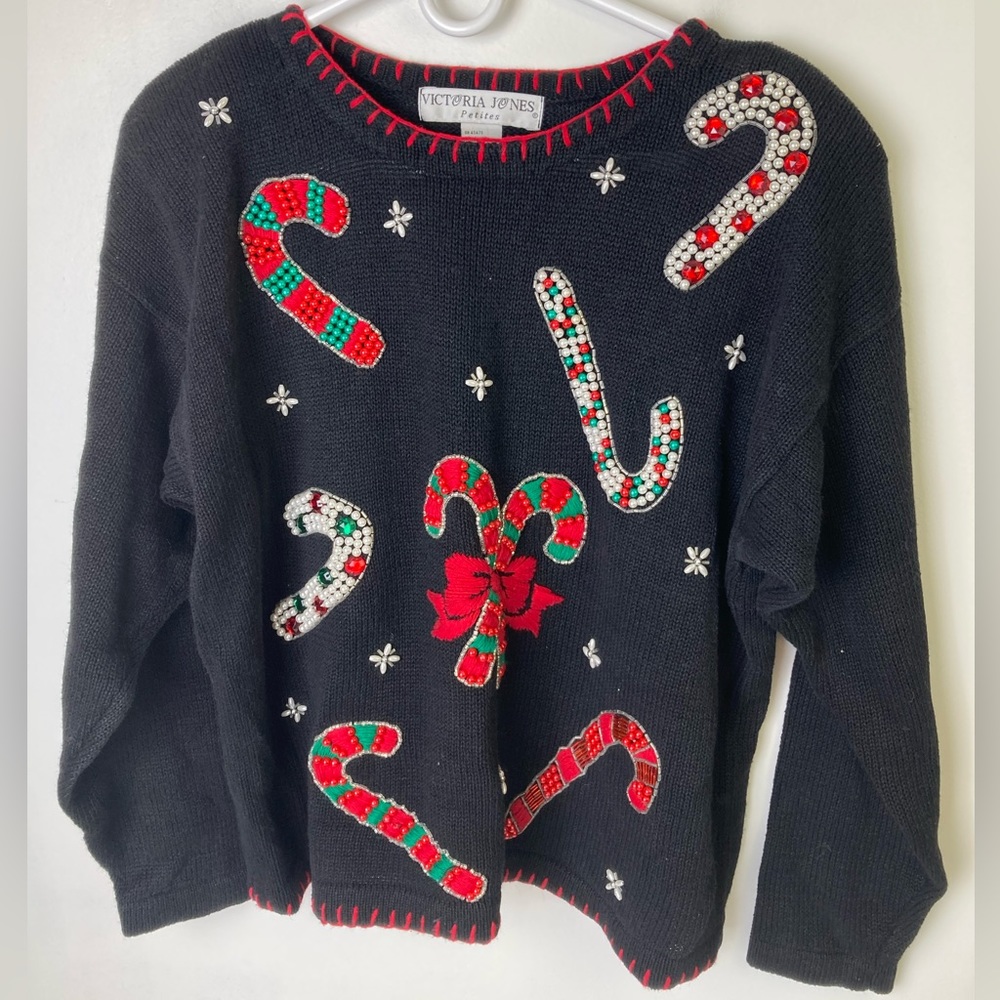 Victoria Jones Petites Christmas Sweater, Embroidered Candy Canes, Black RN45479
